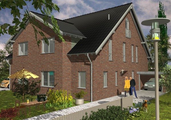 Wohnungsbau: Visualisierung eines Einfamilienhauses mit Klinkerfassade, Satteldach und Garage